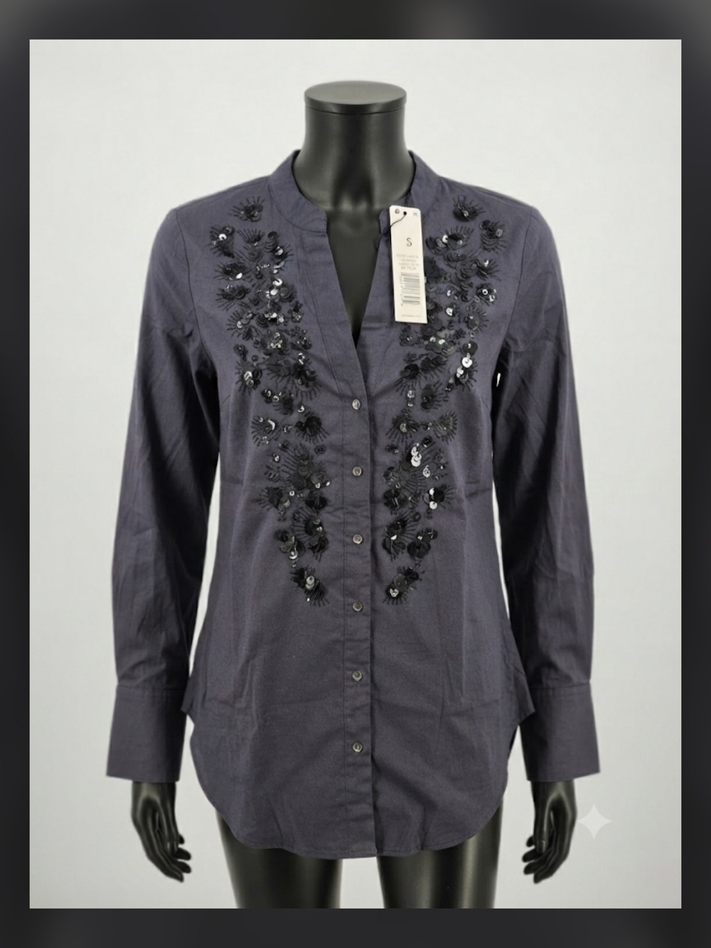 NIC+ZOE Navy Embellished Band-Collar Button Down Shirt